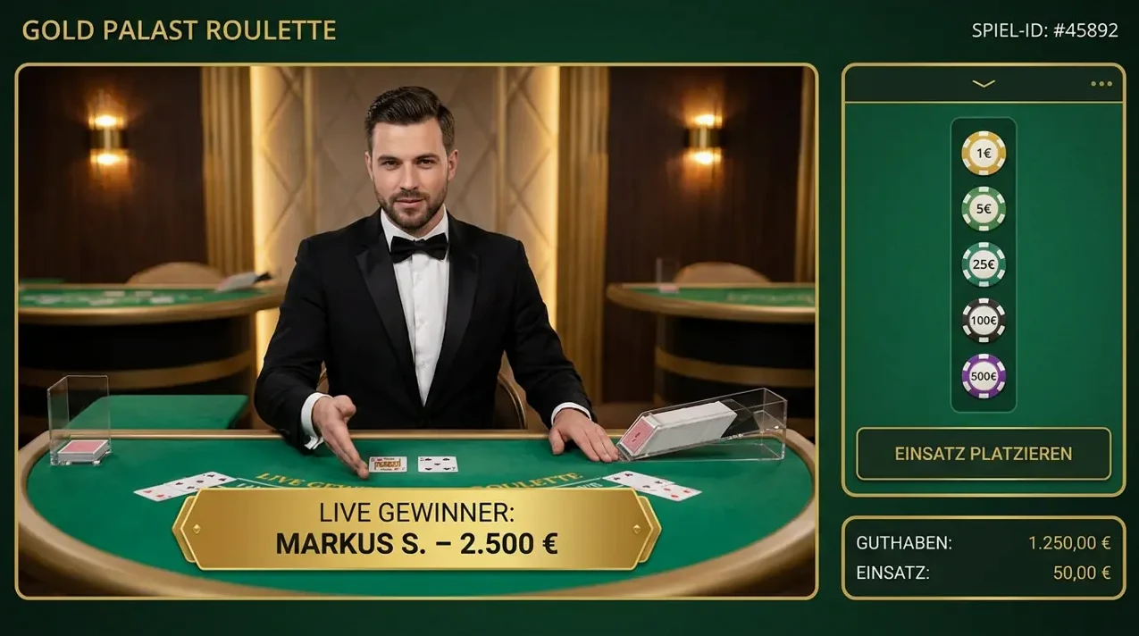 Live-Casino Bereich von Knossi Casino mit einem Croupier im Tuxedo.