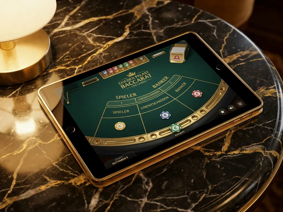 Knossi Casino Baccarat-Tisch auf einem eleganten Tablet-Bildschirm.