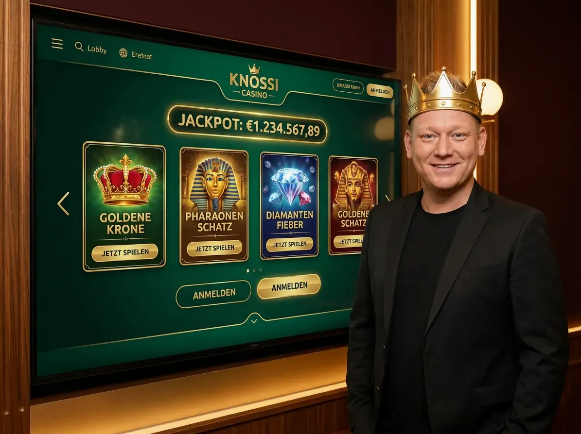 Knossi Casino Hauptseite mit exklusivem Casino-Lobby-Interface und Markenbotschafter.
